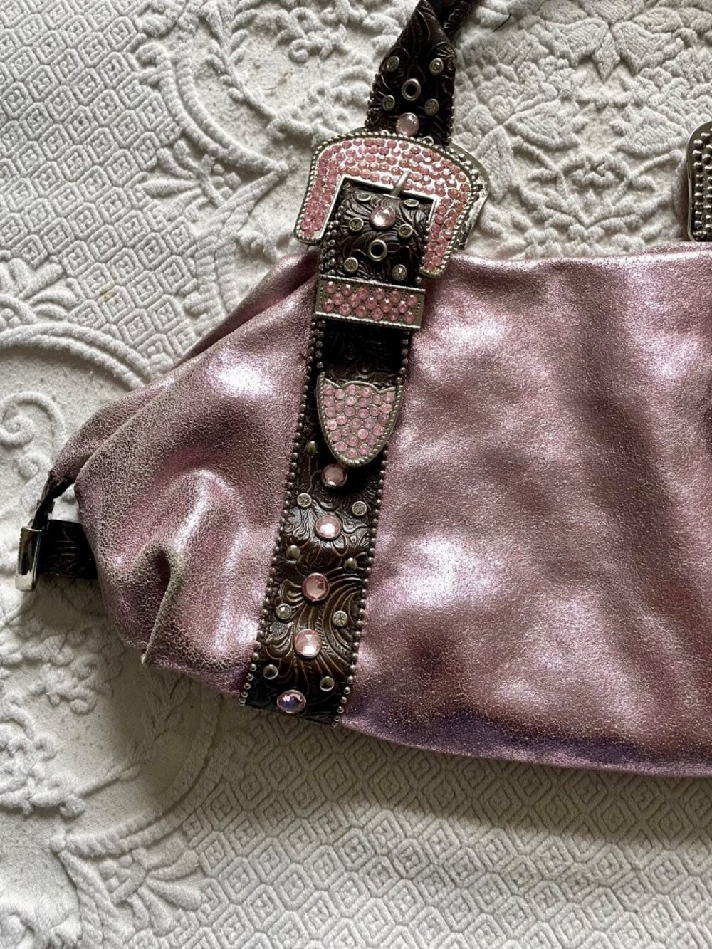 SOLD Vintage Y2K Charm + Luck Western San Antonio Leather Rhinestone Satchel Bag - Picture 8 of 16